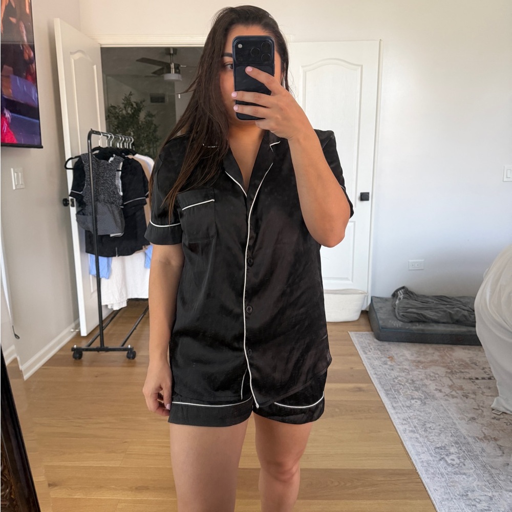 Satin Short Pajama Set - Black with White Piping Womens Medium